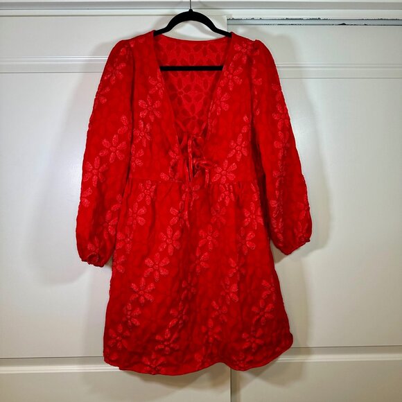 Red Bow Front Long Sleeve Floral Print Balloon Sleeve Baby-doll Dress 0XL - Picture 5 of 12